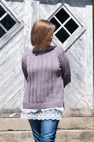 Modelled Shot of Lace Pullover knitting pattern
