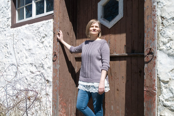 Modelled Shot of Lace Pullover knitting pattern
