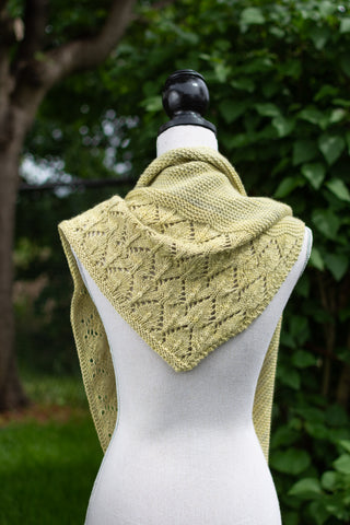 Sideways Triangle Shawl with Lace Edging modelled on a Manniquin