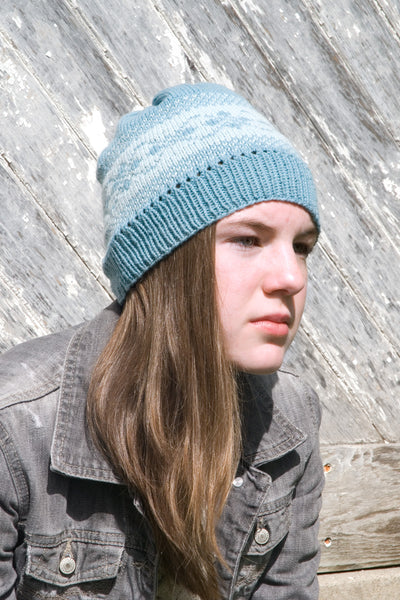 girl modelling hand knit hat pattern