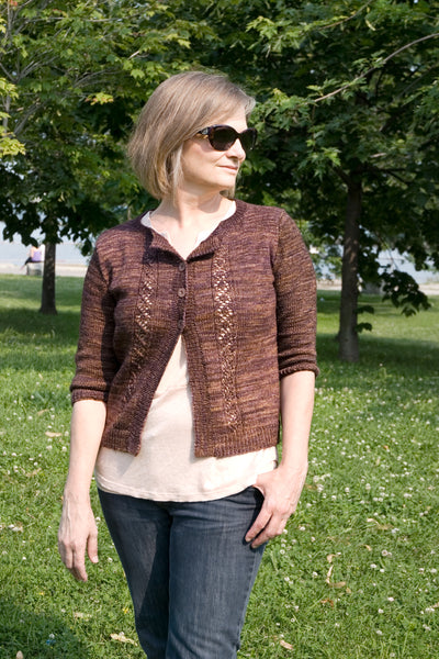 handknit cardigan from knitting pattern being modelled