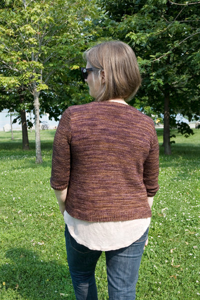 hand knit sweater back view on model