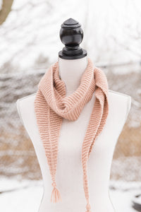 Handknit scarf sample on Dress form 