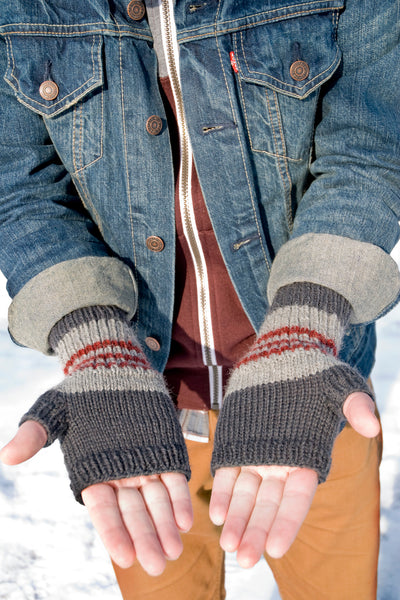 close up of handknit fingerless mitts